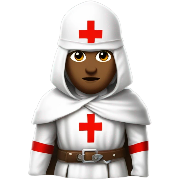 Masonic knight Templar wearing a white tunic with a Red Cross on the front, a white mantle with a hood. And a Red Cross on the left side. A male head with a red smokers cap on. He should be holding a sword in the carry position. emoji