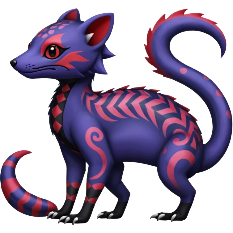 Rare warm-colored exotic gloomy tropical edgy cute epic aesthetic spooky indigo violet white black red gothic colorful Salandit-Noibat-Civet-species-Fakemon-hybrid-creature, with tribal tattoo markings, full body emoji