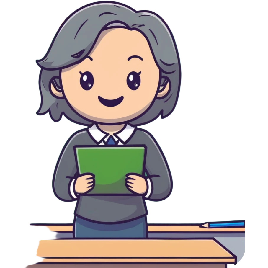 smiling English teacher with airtouch hair and grey-green eyes teaching in a classroom with chalkboard emoji