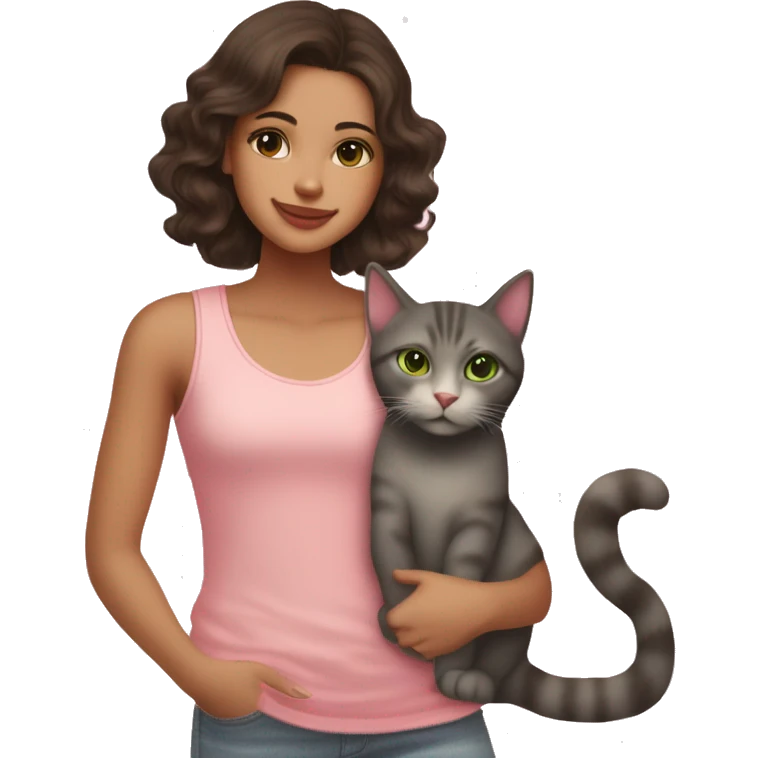 A mexican american girl with green eyes and dark brown hair with mauve pink lips wearing light washed jeans and a pink polka dot tank top shes smiling and petting her orange cat  emoji