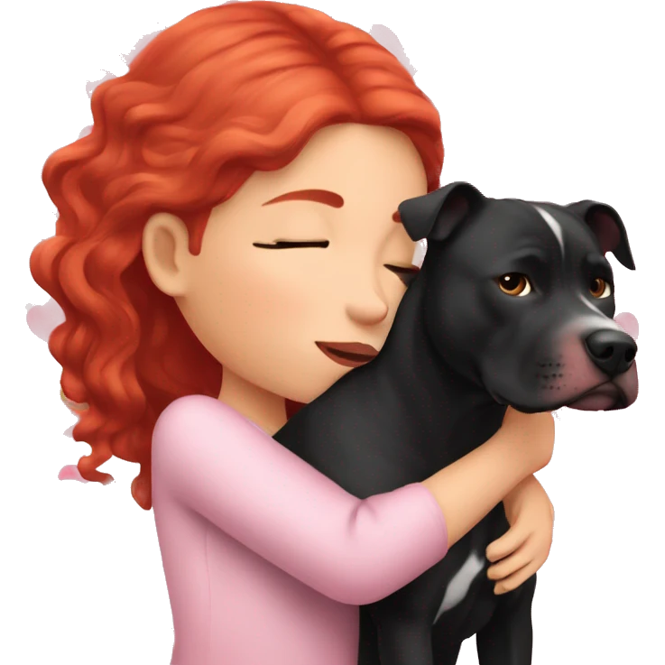 Girl with red hair kissing big black pitbull dog, pink hearts emoji