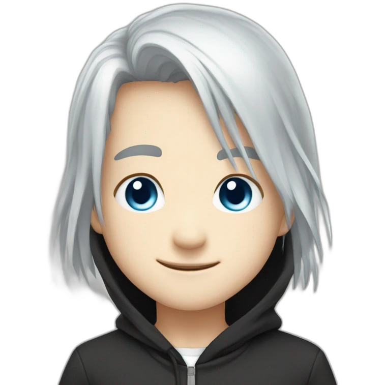 emote for a boy with head and shoulders only, chibi anime style, long straight white hair, blue eyes, black hoodie, Happy emoji