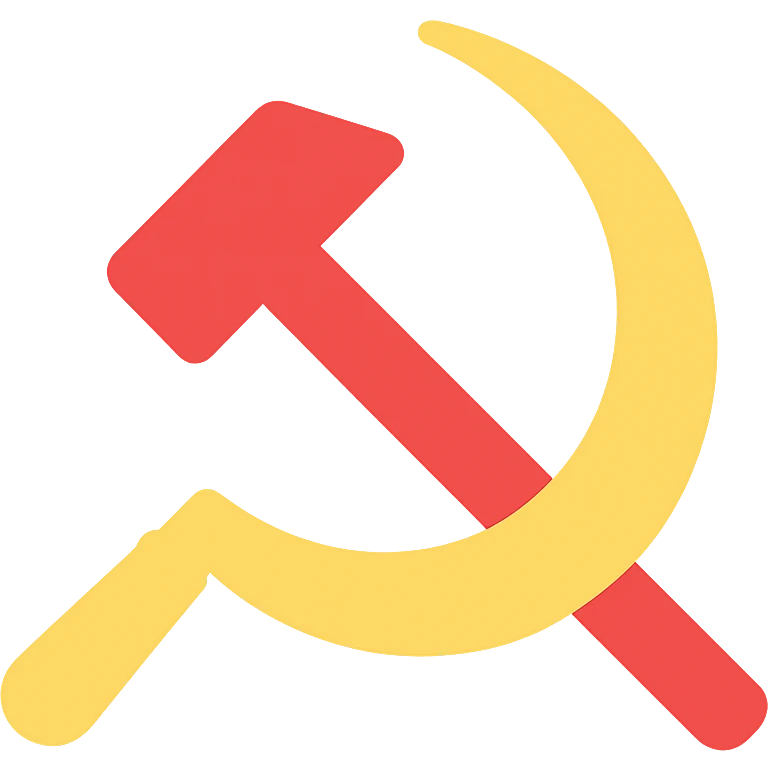 yellow sickle and hammer crossed over, red background, simple vector style emoji