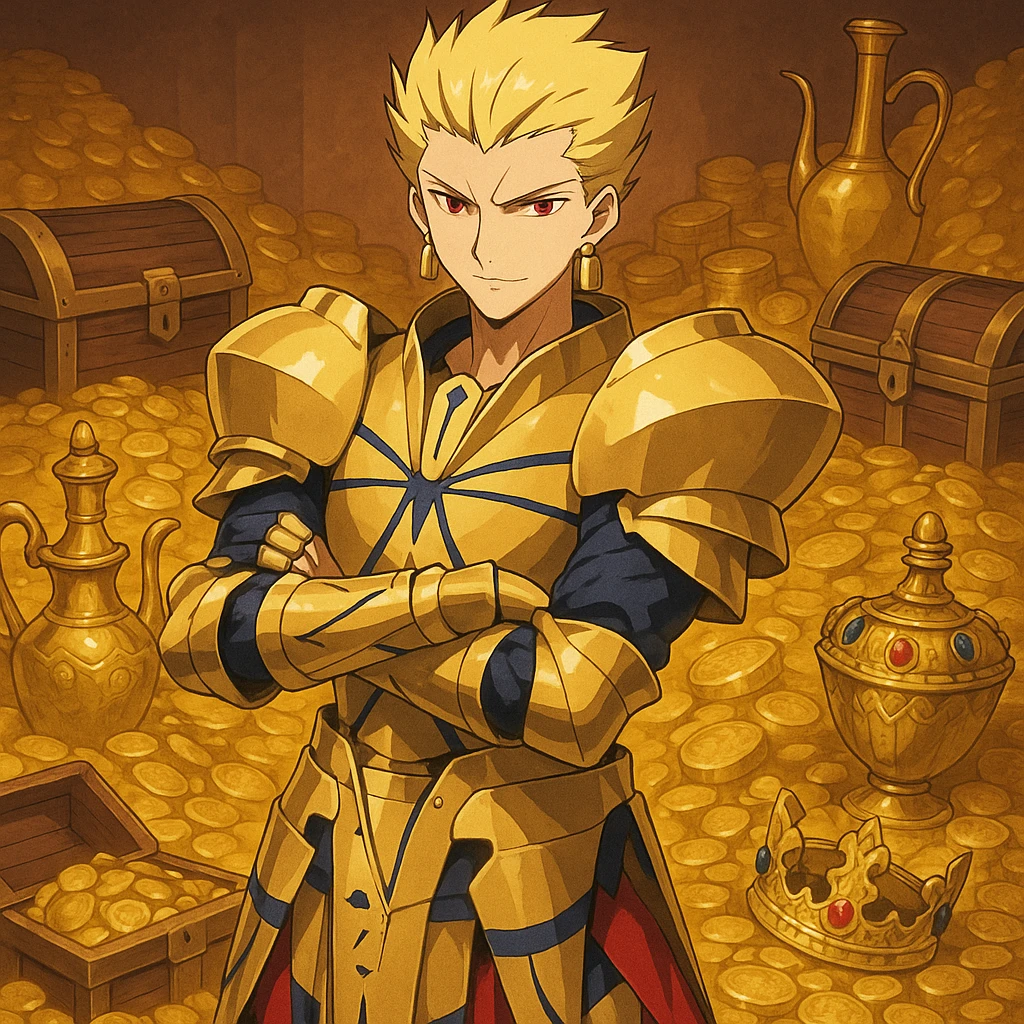 Gilgamesh from Fate anime, crossed arms, surrounded by treasure, anime style emoji