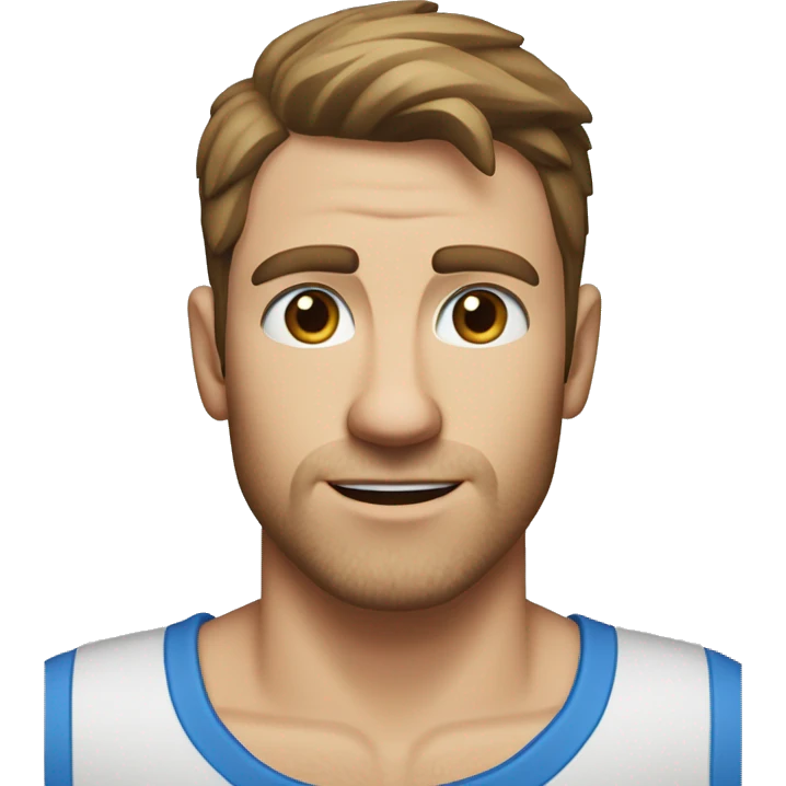 A head and shoulders shot of a 32 year old Caucasian man, with short brown hair, with none facial hair,   with blue eyes wearing a t-shirt. emoji