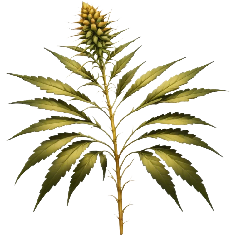 small cannabis plant at late harvest stage, modestly sized, uneven growth structure, thin branches supporting small mature buds, leaves showing natural discoloration in shades of yellow and brown, clearly visible trichomes with amber hues, resin-coated buds ready for harvest,  emoji