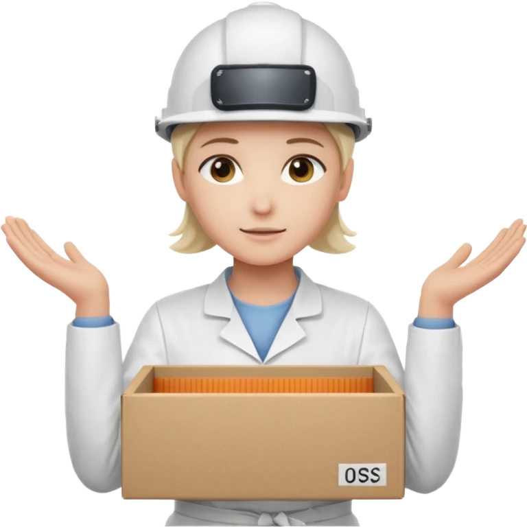 Tengo que dar una capacitacion de orgonomia, necesito un emoji de un operario con casco blanco y delantal blanco de manga larga que levante una caja cerrada con las dos manos a la altura de los hombros. Que tenga un delantal de laboratorio no de coina  emoji