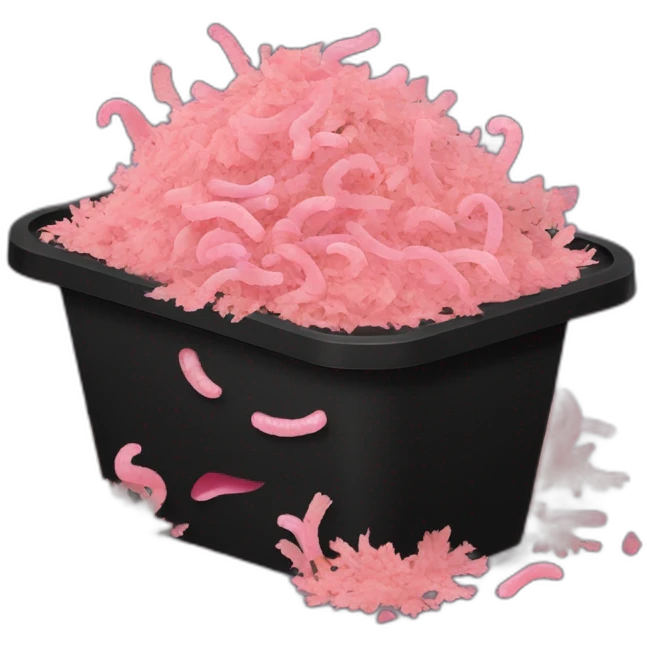 Black cubic plastic container with wood shavings and pink worms inside emoji