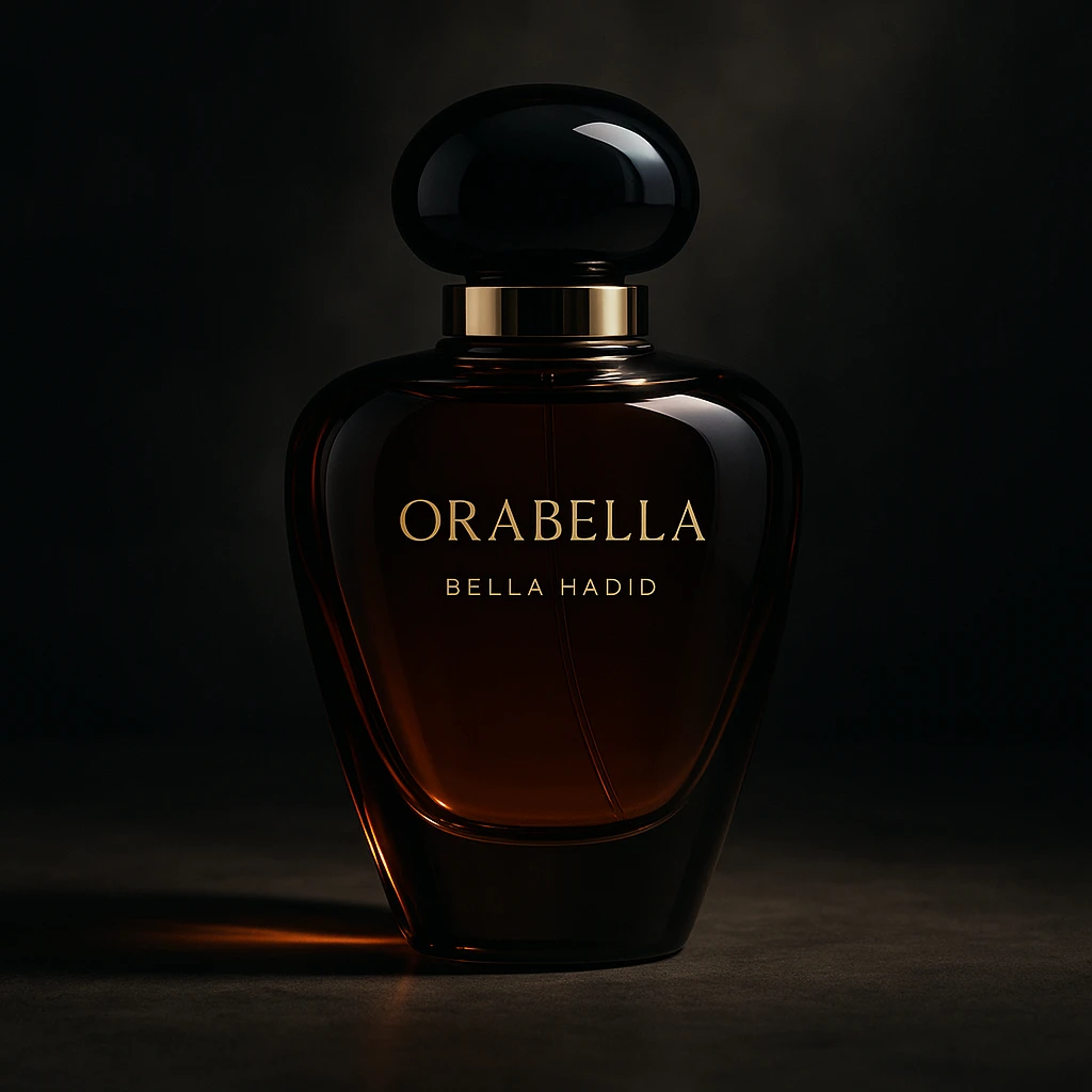 cinematic, realistic 3D rendering of the Orabella fragrance bottle by Bella Hadid, dramatic shadows, high-end commercial look emoji