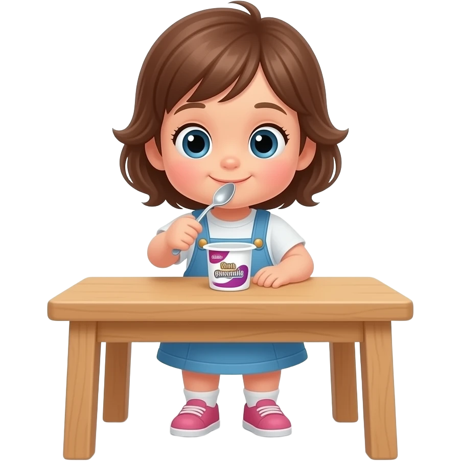 una niña de 15 meses blanquita pelo castaño clarito, ojos claritos como girs claritos con dos quisquis. Comiendo de un yogurt ella sola con cuchara, de pie apoyada en una mesa bajita color madera clara emoji