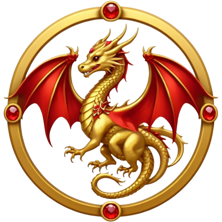 Golden dragon with wings crest / brosch in a circle with red gems and no background emoji