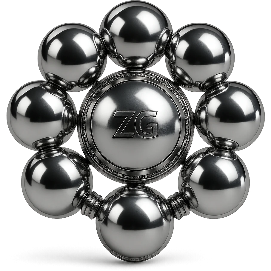 group of chrome spheres linked in a circular pattern around a central sphere, highly reflective and metallic, no background emoji