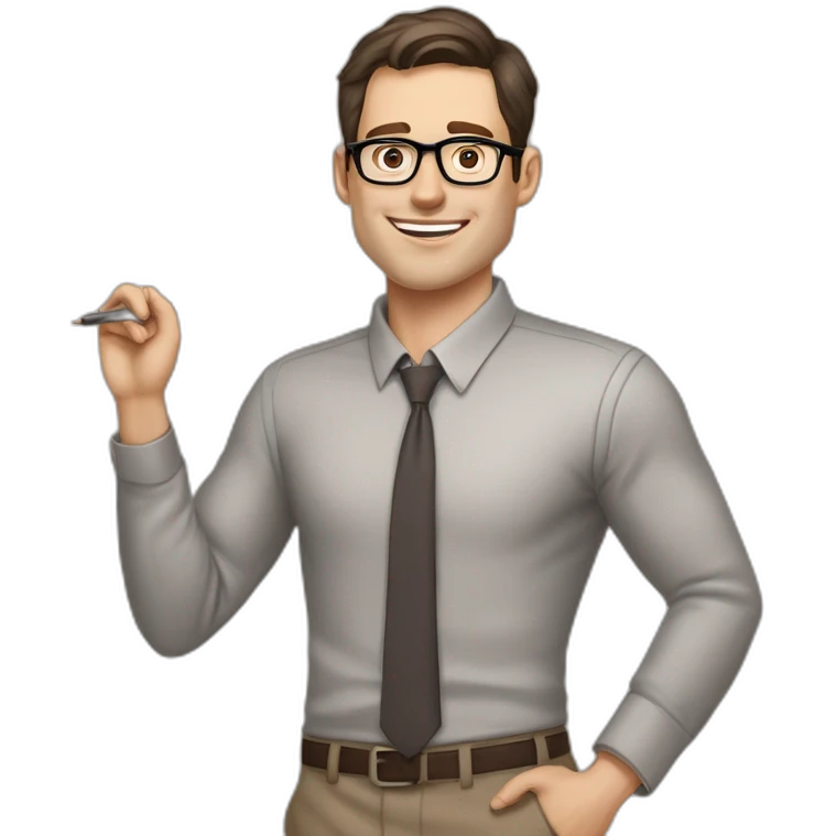 Pale skinned fit man with dark brown hair in gray jacket, beige office shirt, brown tie, brown pants and vintage glasses Writing text on a flipchart emoji