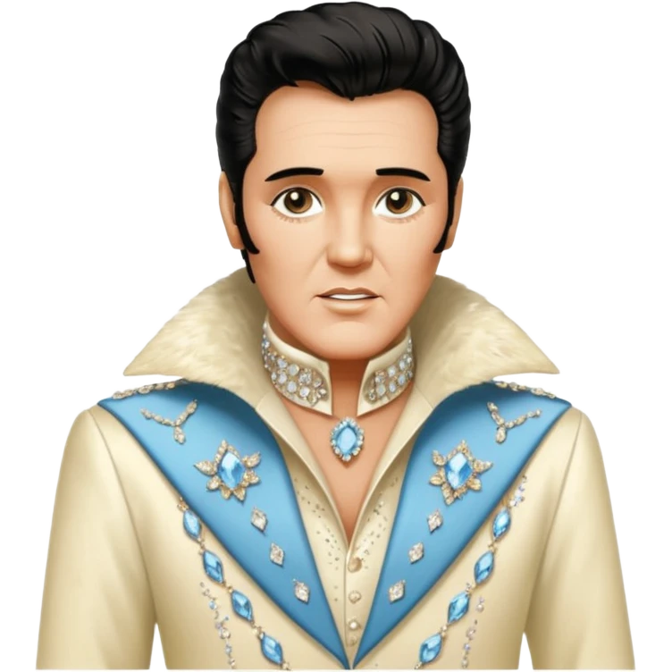 cinematic realistic aesthetic brilliant divine lighting, oil paint  -  An aging Elvis Presley in a glamorous ivory costume with a collar encrusted with diamonds emoji