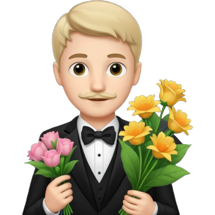generate an ios genmoji of a 20 year old fair boy with very few and faint mustache hair. should look like he cant grow a mustache., carrying a flower bouquet, wearing a tux emoji