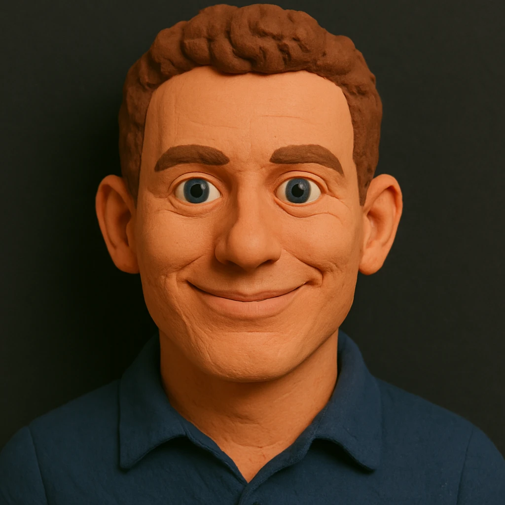 Claymation portrait with a younger face, narrower nose, narrower chin, friendly and confident facial expression, slightly larger forehead, anthracite background. Full head and hair in the frame, nothing cropped. emoji