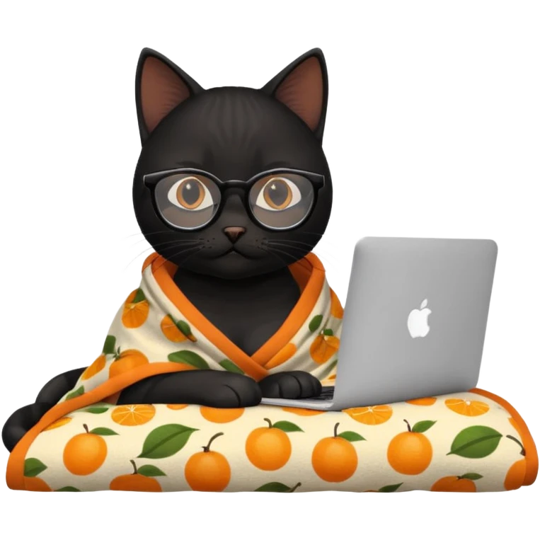 A black female cat working on a MacBook, with long, black straight lashes, round glasses and she wears a blanket with an orange fruit pattern emoji