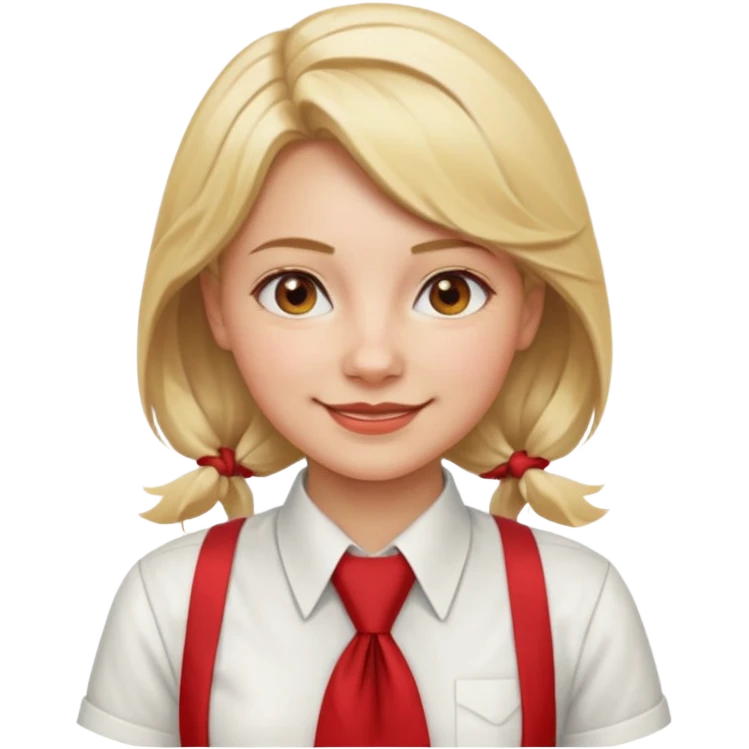 A Soviet pioneer girl emoji — smiling young girl wearing a white shirt and a bright red pioneer necktie tied in a loose triangle knot with wide ends (not a formal tie). No hat or headwear. Blonde hair, friendly face, flat minimal emoji style, Apple emoji aesthetic, clean outlines and soft shading. emoji