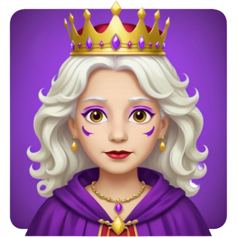 Queen with wavy white hair – golden crown, purple robe, red face paint mark emoji
