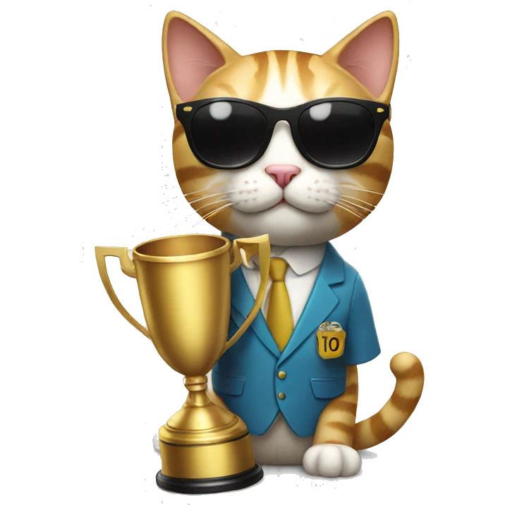 cat wearing sunglasses holding up a number ten trophy emoji