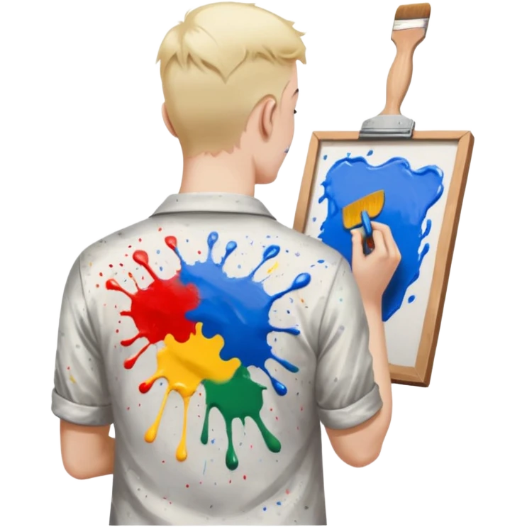 the white artist stands with his back to the painting, painting a portrait emoji