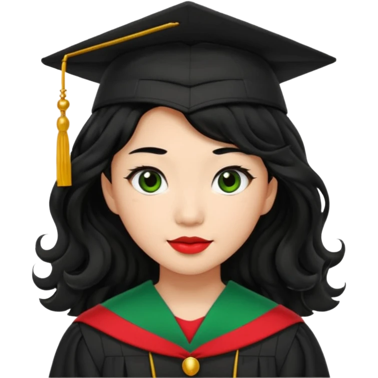 College Graduate asian black hair with wavy hair long  with black red stash with green benilde on the middle emoji