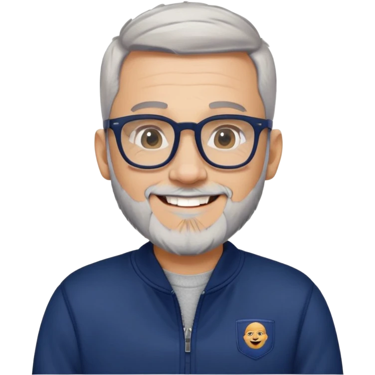 Light-skinned man with tight fade haircut (nearly shaved sides fading to very short on top), short graying beard, big black glasses frames, happy smile, navy blue zip-up sweatshirt with long sleeves emoji