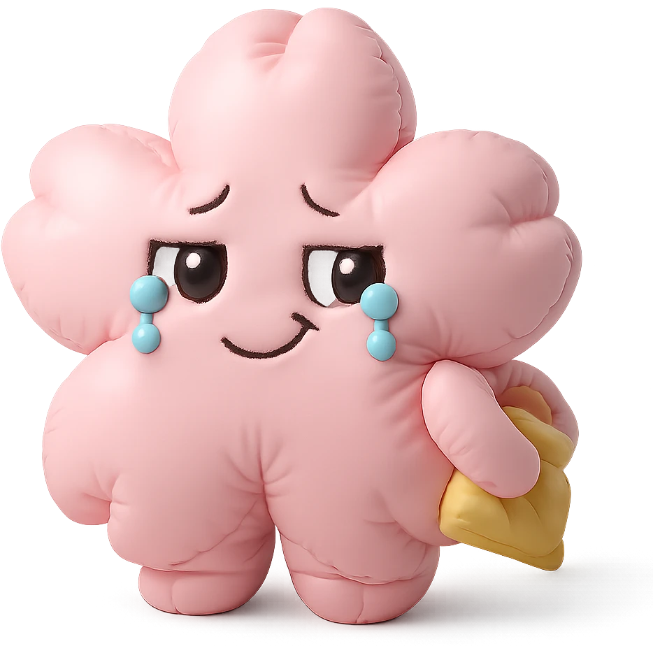 baby pink cherry blossom flower with teary eyes and a mischievous smile, hiding snacks behind its back, soft chubby body, kawaii face, cushion style emoji