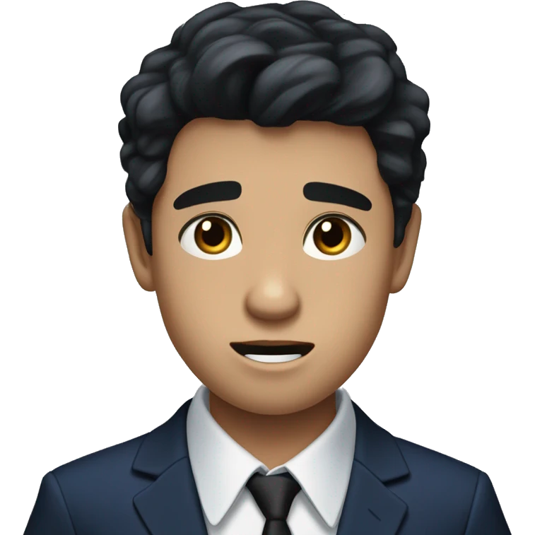 Teenage boy with black hair and dark brown eyes and fair skin in a navy blue dress shirt with a black tie shocked face emoji