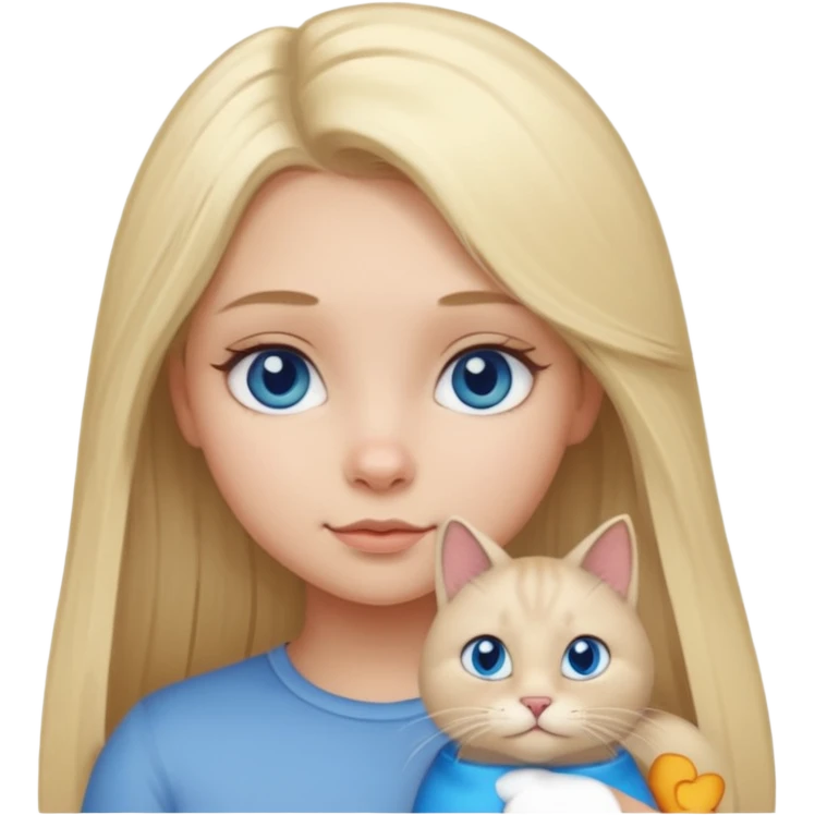 blonde girl with long blonde hair and blue eyes with chubby gray cat emoji