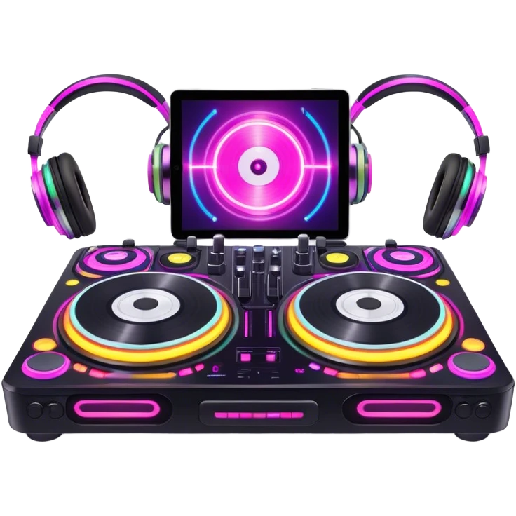 Create a dynamic and modern emoji that represents electronic music and DJing. The design should feature a DJ controller with two vinyl turntables, DJ headphones, and glowing sound waves or a waveform to symbolize the energy of mixing and electronic beats. Use vibrant neon colors like electric blue, neon pink, or green to represent the futuristic and pulsating nature of electronic music. Add subtle details of flashing lights or abstract patterns to evoke the nightclub or festival atmosphere. The background should be transparent. emoji