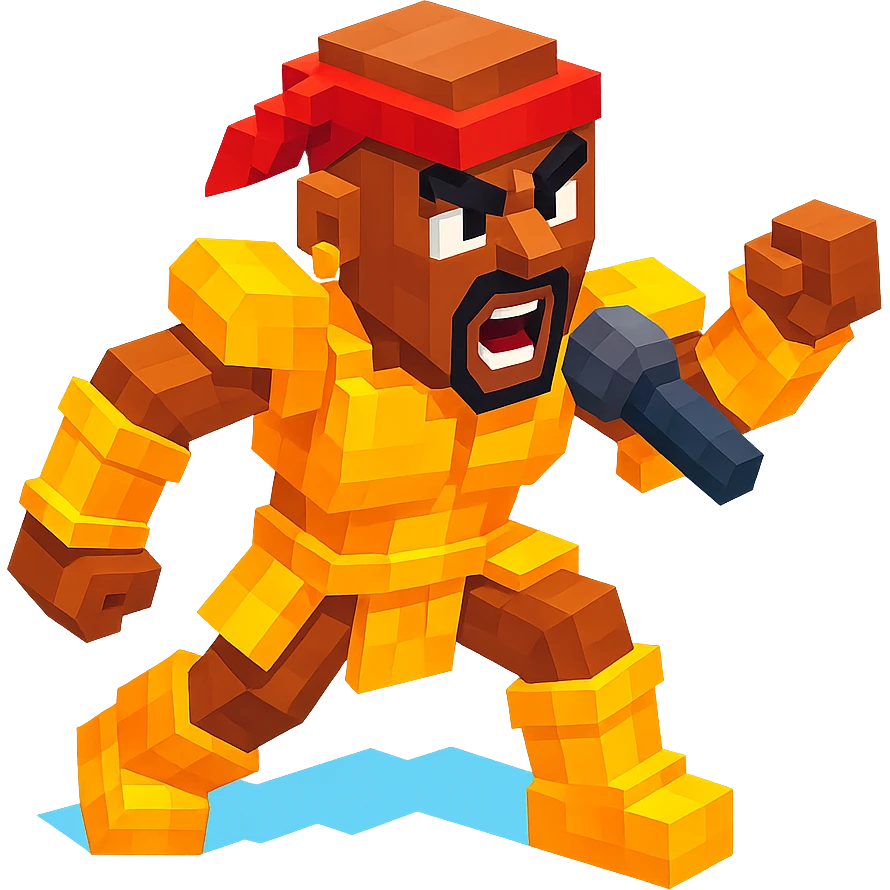 2Pac in gold armor, dynamic pose, microphone in hand, intense expression emoji