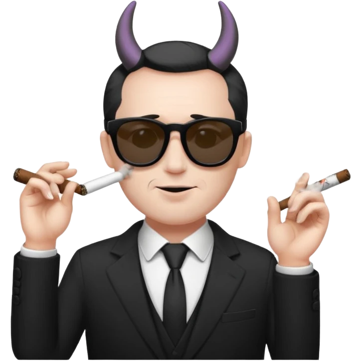 Minimalist emoji-style sticker of a devilish producer in black suit, tiny horns, dark sunglasses, and a smoking cigar, grayscale tones, matte style emoji