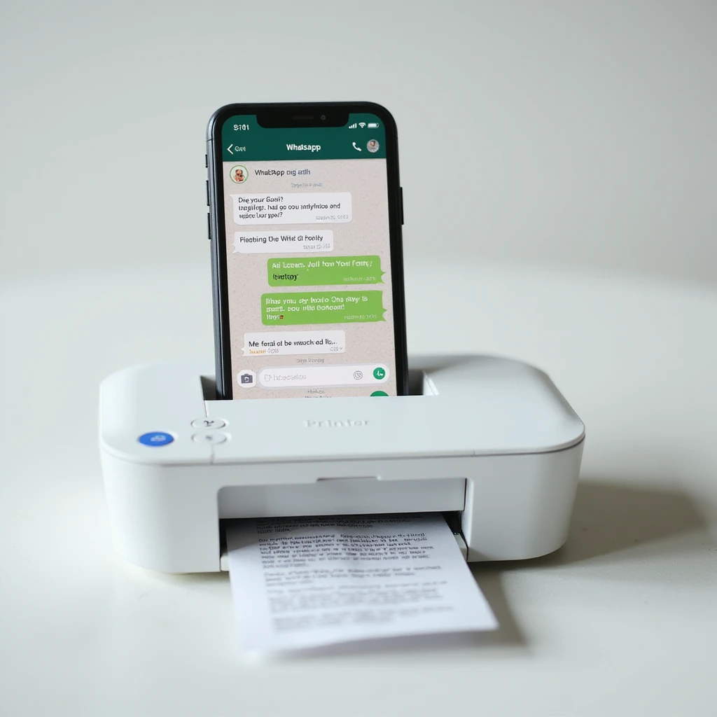 realistic thumbnail image for a WhatsApp print out service, showing a smartphone displaying a WhatsApp chat, with a printer printing out chat messages on paper, on a clean background emoji