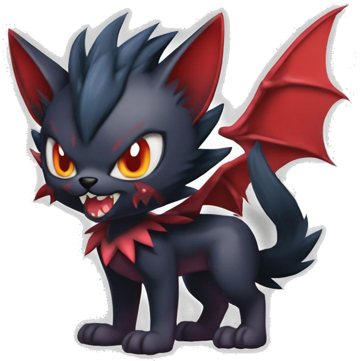   cool edgy beautiful fantasy anime-style dark animal vampiric Litten-Zoroark-Nargacuga-cat-hybrid Fakemon with big fangs and bat-ears full body emoji