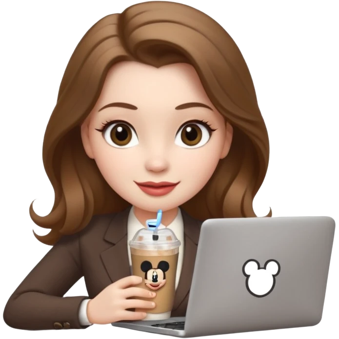 Women in front of laptop that has a Mickey sticker on it, with a happy face, face a little fuller, lips plump, full eyebrows, long light brown hair, light brown big eyes, light pale skin with a iced coffee on the side, business attire emoji