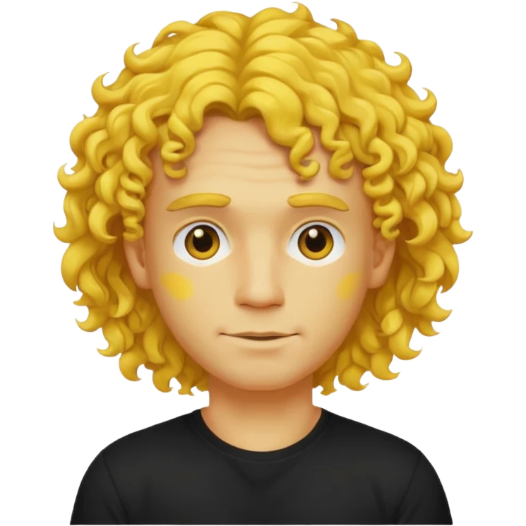 a yellow-faced standard man with mid-long curly hair wearing a black t-shirt, face and shoulders. The yellow of the face is very bright. emoji