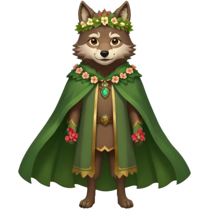 wolf dressed as a druid, flower crown, green cape, full body icon emoji