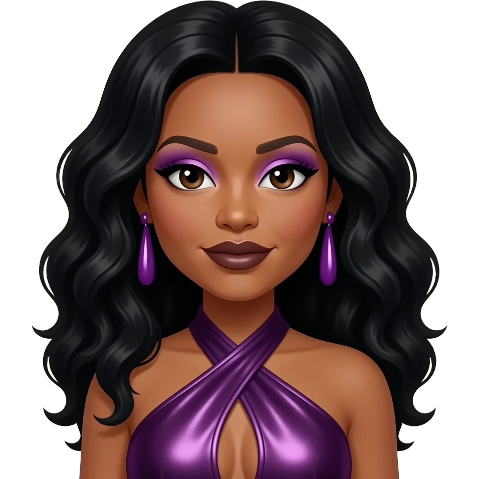 Rozonda Chilli Thomas from TLC with dark brown eyes, long black 90s wavy hair, lilac eyeshadow, dark brown lipstick, dark purple metallic halter dress, lilac earrings emoji
