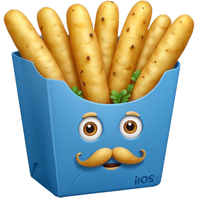 long slim fried potatoes in a blue carton, carton has eyes and mustache emoji