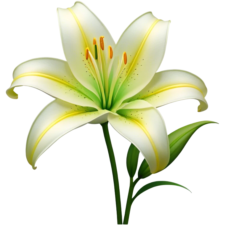 Cinematic Realistic Lily Emoji, Elegant and fragrant, with soft, white petals curling delicately around a golden-yellow stamen at its center. The long, slender green stem stands tall, supporting the vibrant bloom with its slightly curled tips. Soft glowing outline, capturing the essence of purity, elegance, and grace in a striking lily. emoji