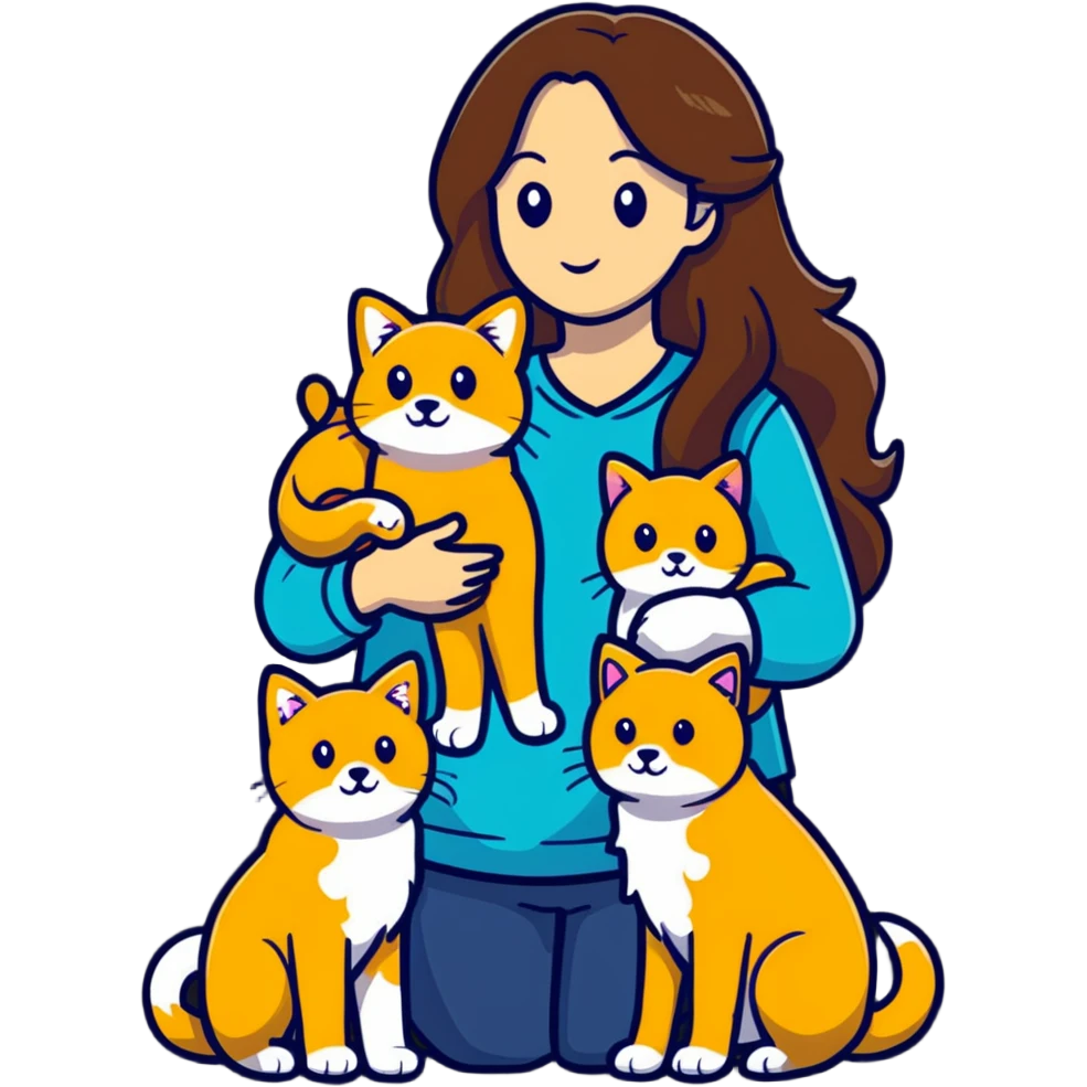 Beautiful woman with long brown hair holding a golden retriever and three cats emoji