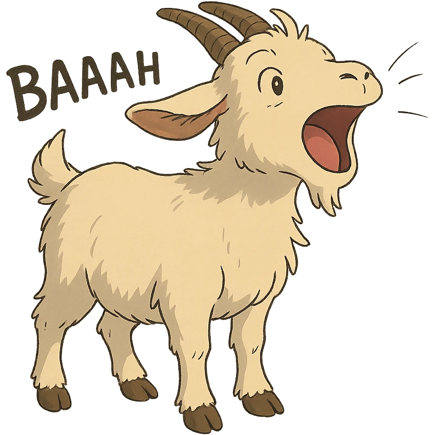 ghibli style goat with mouth open saying 'baaah' (text included) emoji