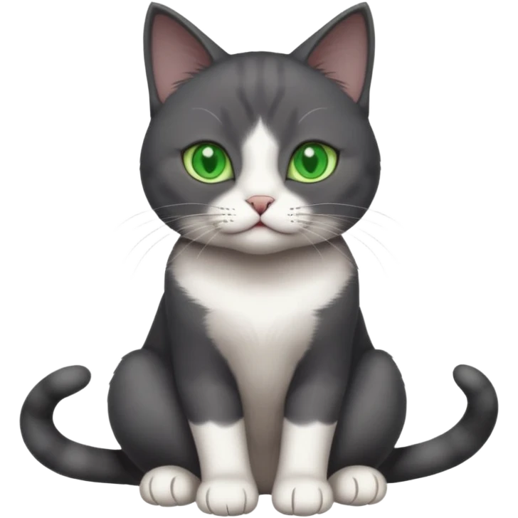 beautiful female solid dark grey cat with green eyes, white toes/paws and white patch on her chest playing emoji
