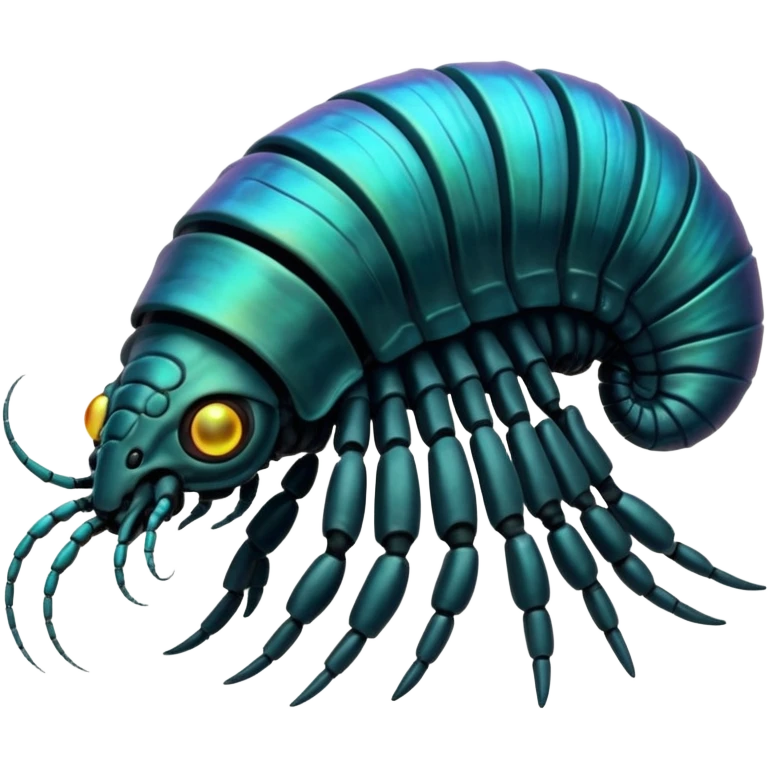 An iridescent, chitinous trilobite with glowing cyan eyes pulses rhythmically as a miniature black hole orbits its brow, distorting space-time. Its fractal-patterned exoskeleton shifts colors unsettlingly, and its mouth opens into a spiraling void that hums with forgotten whispers. emoji