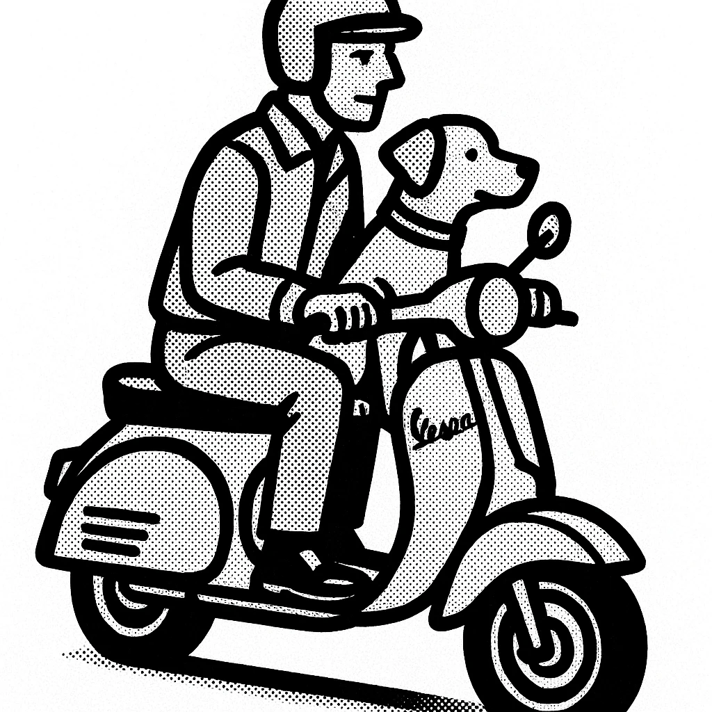 man and his pet dog riding a vespa emoji