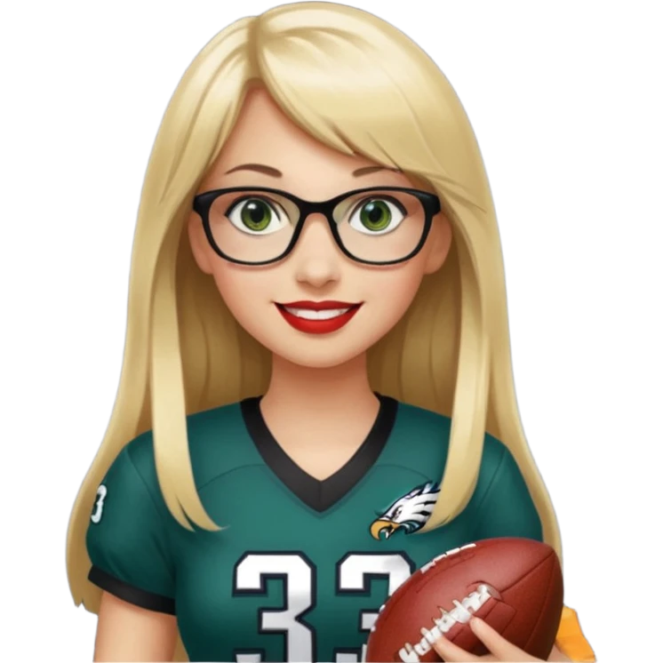 full length women wearing eagles uniform, long blonde hair, bangs, green eyes, black glasses, holding football, number 33, smiling, lipstick emoji