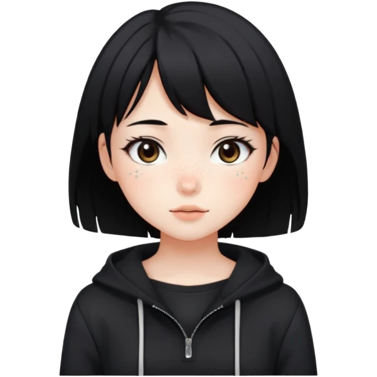 Cute anime girl in dark tones with a blushing face and freckles, with short black hair, and a dark trend style emoji