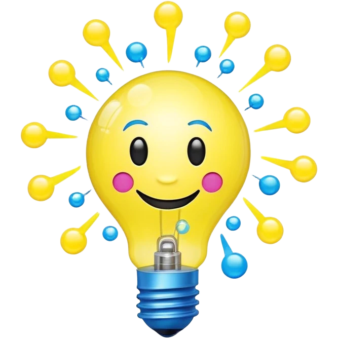 bright yellow lightbulb with happy face emoji, rotating atom inside, floating chemical bubbles, small electric blue lightning bolt on top, neon yellow, electric blue, bright pink colors, representing youthful creativity and science emoji