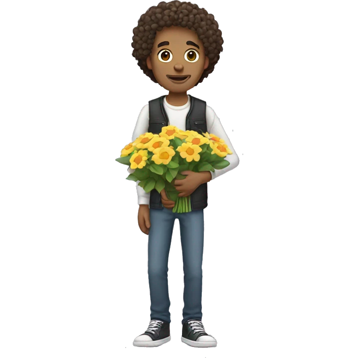 Skinny white man with curly hair holding flowers  emoji